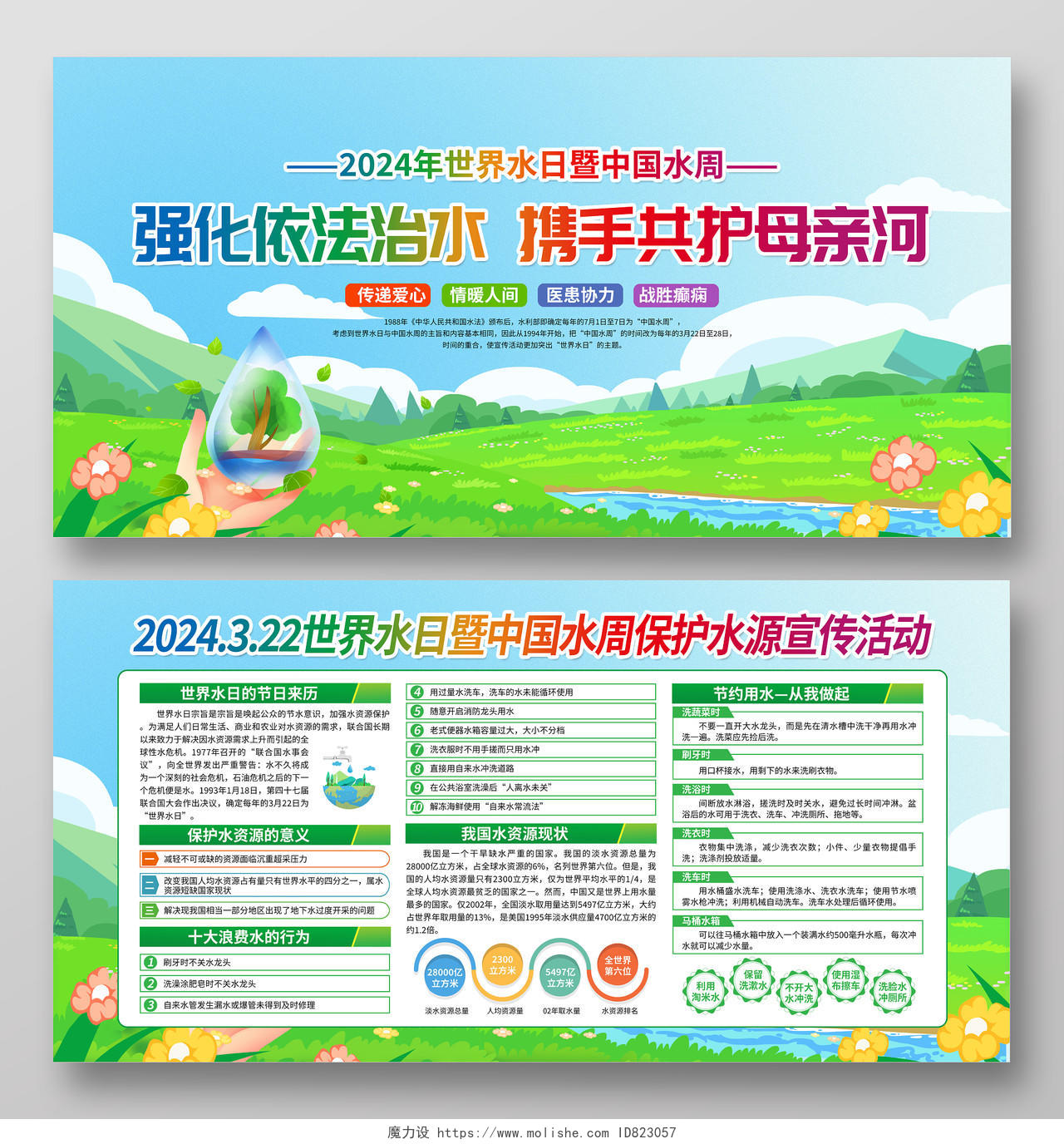 绿色卡通保护母亲河日世界水日中国水周宣传栏